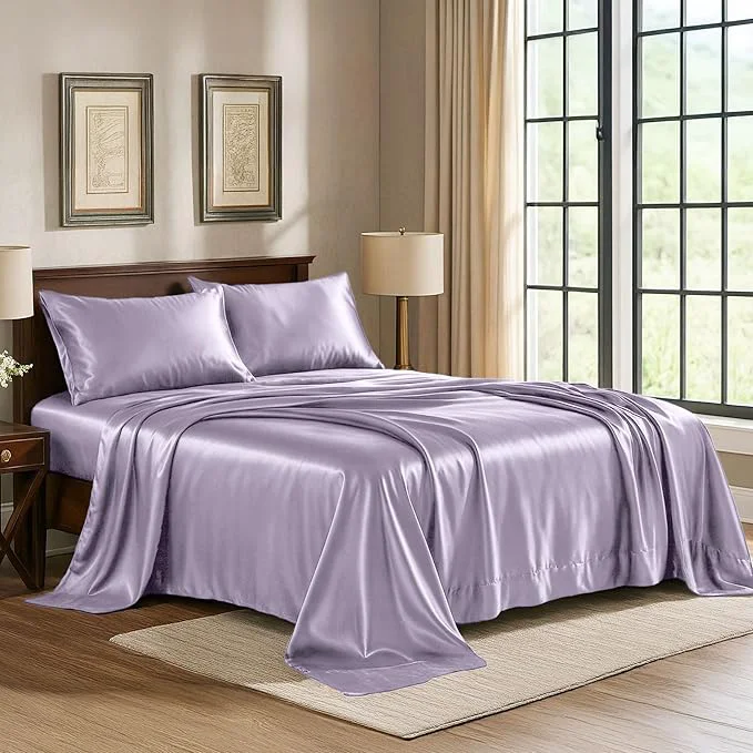 Elegant Pure Bedding Satin Sheets Full 4-Piece Lavender Hotel Luxury Silky Bed Sheets – Extra Soft 1800 Microfiber Sheet Set Wrinkle Fade Deep Pocket Fitted Sheet Flat Sheet Pillow Cases Safe