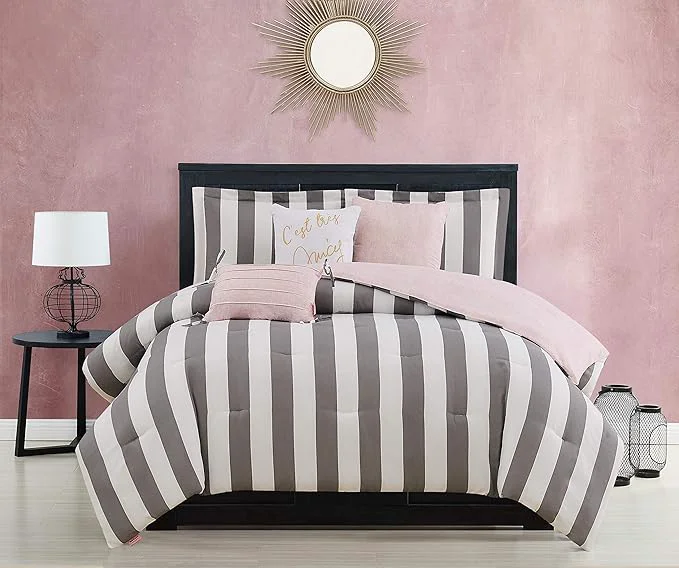 World-Class Juicy Couture Cabana Stripe Reversible Bedding Set – King Size – Grey and White Stripe Print – 6 Piece Set – Includes 1 104 quot x 90 quot Comforter 3 Decorative Pillows 2 Shams Smooth
