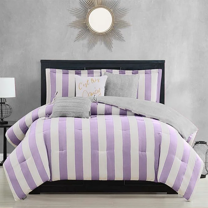 Classic Juicy Couture Cabana Stripe Reversible Bedding Set – King Size – Lavender White Stripe Print – 6 Piece Set – Includes 1 104 quot x 90 quot Comforter 3 Decorative Pillows 2 Shams Smart