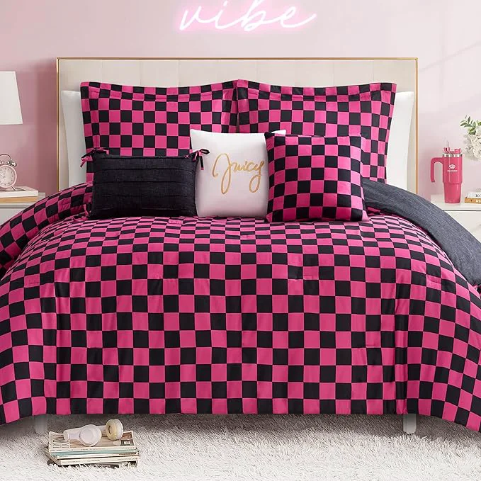 Carefully Designed Juicy Couture Reversible Checkerboard Comforter Set 6-Piece Full Queen Set Black Hot Pink Practical