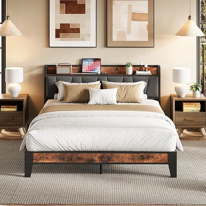 Smart LIKIMIO Queen Bed Frame Storage Headboard with Charging Station Solid and Stable Noise No Box Spring Needed Easy Assembly Functional