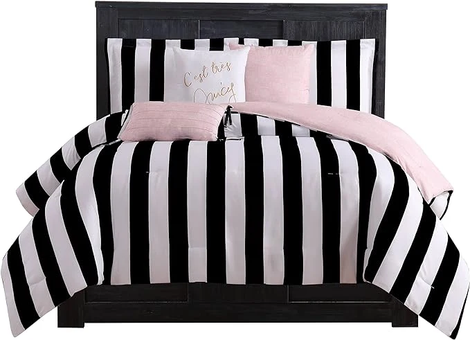 Healthy Juicy Couture Cabana Stripe Reversible Bedding Set – Queen Size – Black and White Stripe Print – 6 Piece Set – Includes 1 90 quot x 90 quot Comforter 3 Decorative Pillows 2 Shams Modern