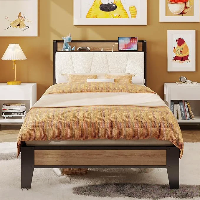 Original Design LIKIMIO Twin XL Bed Frames Storage Headboard with Charging Station Solid and Stable Noise No Box Spring Needed Easy Assembly Wood and Cream Fast