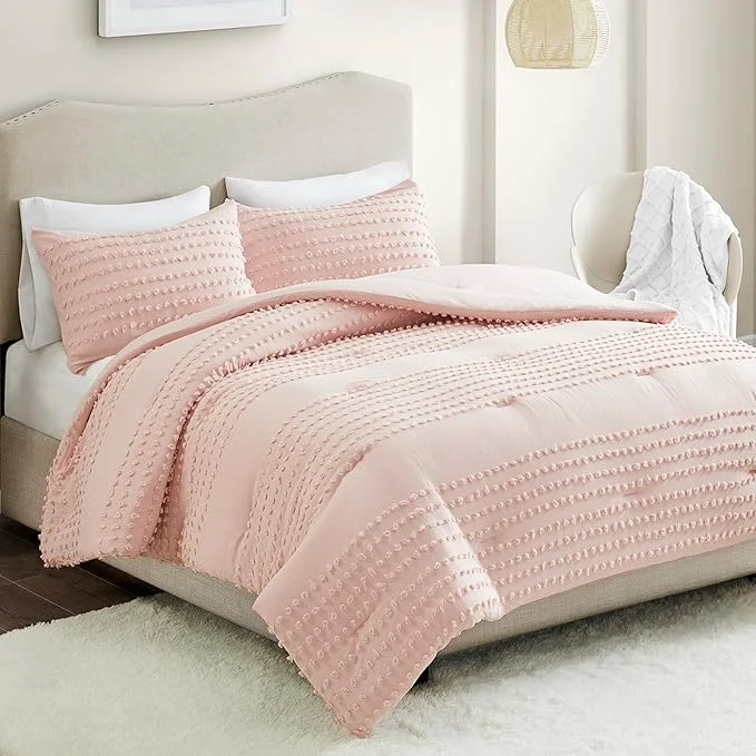 Efficient Comfort Spaces Cotton Comforter Set Jacquard Pom-Pom Tufts Design Down All Season Modern Bedding Matching Shams Twin Twin XL Phillips Blush Refined