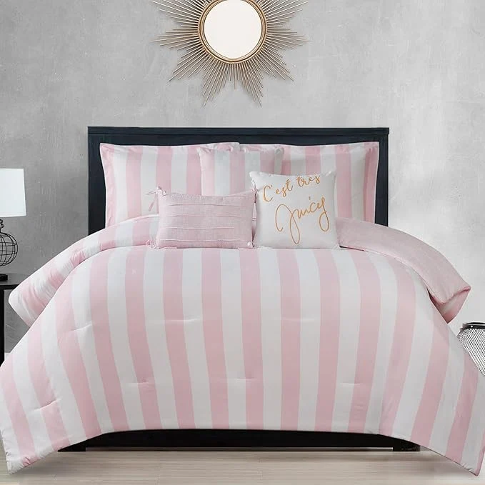 Prestigious Juicy Couture Cabana Stripe Reversible Bedding Set – Queen Full Size – Dogwood Pink White Stripe Print – 6 Piece Set – Includes 1 90 quot x 90 quot Comforter 3 Decorative Pillows 2 Shams Minimalist