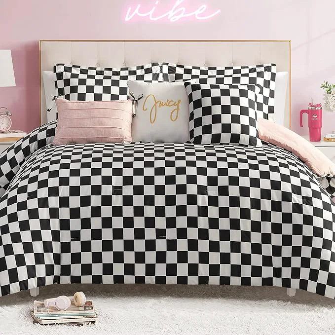 Long-Lasting Juicy Couture Reversible Checkerboard Comforter Set 5-Piece Twin Twin XL Set Black White Lightweight