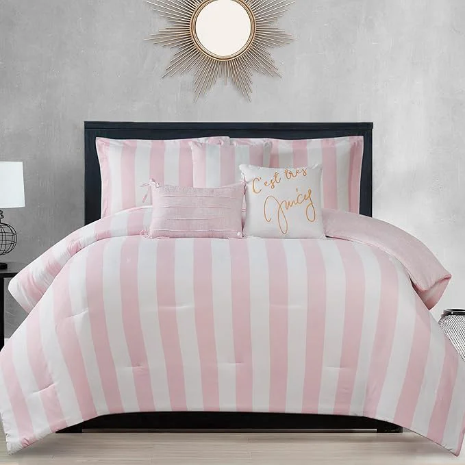 Secure Juicy Couture Cabana Stripe Reversible Bedding Set – Twin Twin XL Size – Dogwood Pink White Stripe Print – 5 Piece Set – Includes 1 66 quot x 90 quot Comforter 3 Decorative Pillows 1 Sham Refined
