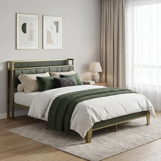 Fine Crafted LIKIMIO Full Bed Frame Storage Headboard with Charging Station Solid and Stable Noise No Box Spring Needed Easy Assembly Dark Green Traditional