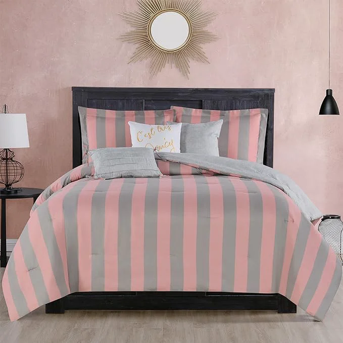 Breathable Juicy Couture Cabana Stripe Reversible Bedding Set – Twin Twin XL Size – Pink and Grey Stripe Print – 5 Piece Set – Includes 1 66 x 90 Comforter 3 Decorative Pillows 1 Sham Classic