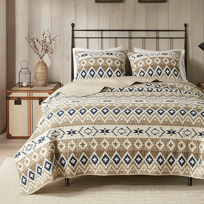 Genuine Woolrich Reversible Quilt Cabin Lifestyle Design – All Season Breathable Coverlet Bedspread Bedding Set Matching Shams Oversized King Cal King Montana Tribal Tan 3 Piece Soft