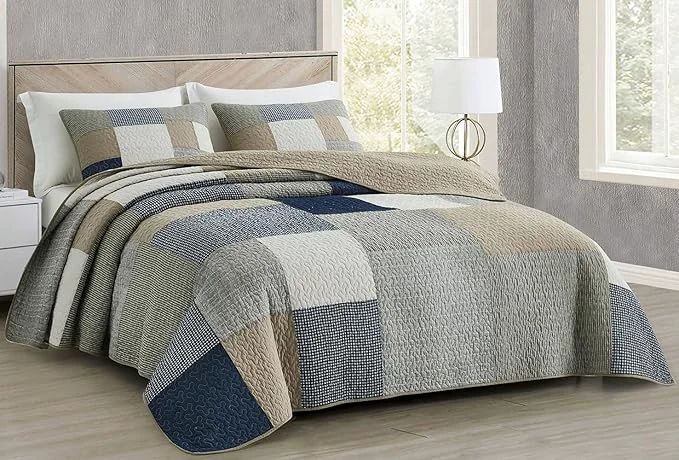Recyclable Chezmoi Collection Addy 2-Piece Navy Blue White Gray Taupe Plaid Patchwork Quilt Set – Pre-Washed Cotton Coverlet – Lightweight Reversible Bedspread Twin Size Dependable
