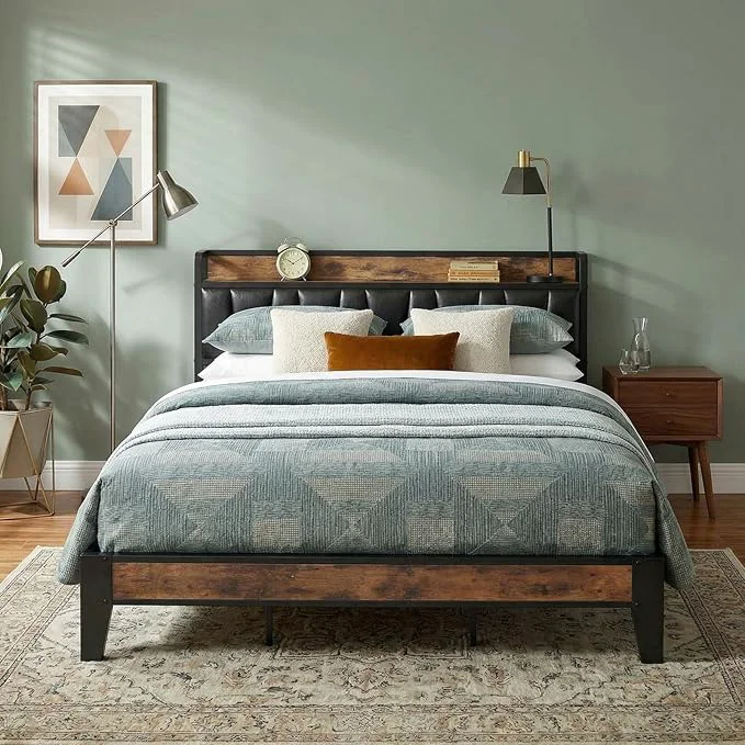 Sustainable LIKIMIO California King Bed Frame Storage Headboard with Charging Station Solid and Stable Noise No Box Spring Needed Easy Assembly Vintage and Black User-Friendly
