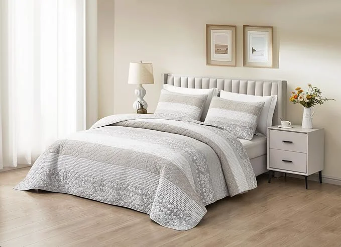 Sustainable Chezmoi Collection Robyn 3-Piece Neutral Taupe Gray White Floral Hibiscus Flower Patchwork Striped Quilt Set – Pre-Washed Cotton Coverlet – Lightweight Reversible Bedspread Queen Size Top-Quality