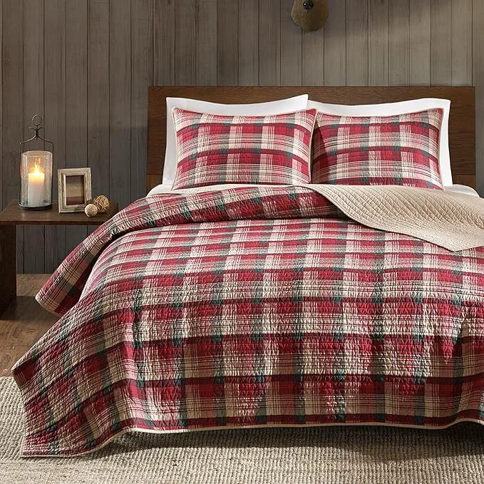 Premium Material Woolrich Reversible Quilt Cabin Lifestyle Design – All Season Breathable Coverlet Bedspread Bedding Set Matching Shams Oversized Full Queen Tasha Plaid Red Tan 3 Piece Genuine