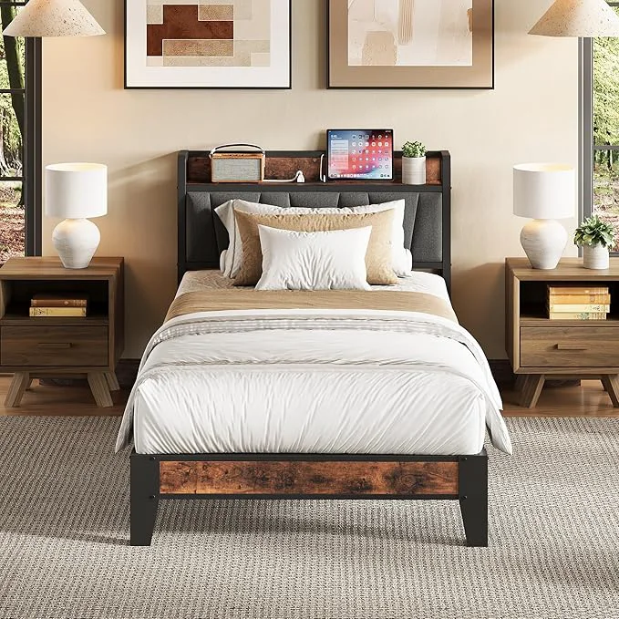 First-Class LIKIMIO Twin Bed Frames Storage Headboard with Charging Station Solid and Stable Noise No Box Spring Needed Easy Assembly Trendy