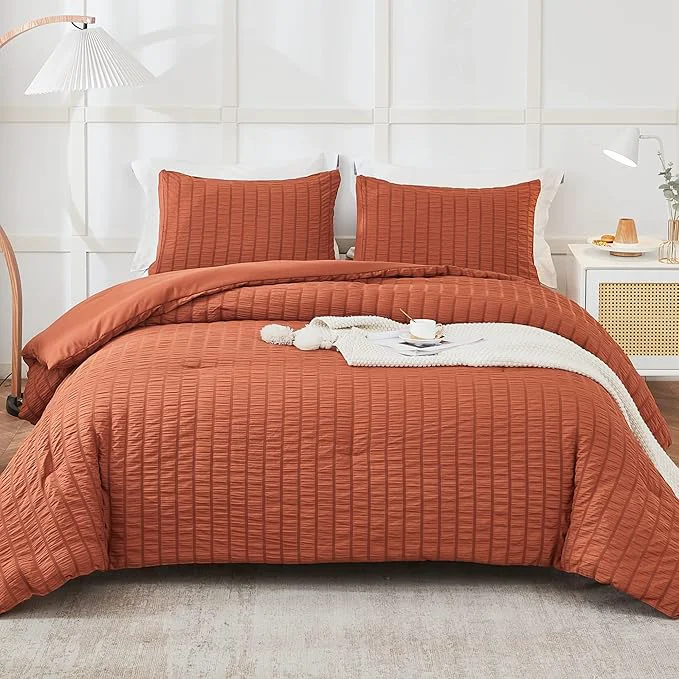 Superior AveLom Terracotta Seersucker Queen Comforter Set 90×90 inches 3 Pieces – Soft Washed Microfiber Lightweight Comforter with 2 Pillowcases All Season Down Comforter Set for Bedding Sustainable