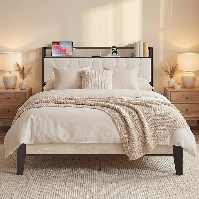 Minimalist LIKIMIO Full Bed Frames Bouclé Storage Headboard with Charging Station Solid and Stable Noise No Box Spring Needed Easy Assembly Proven