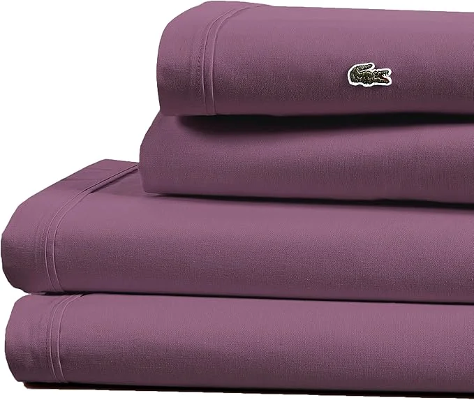 Exceptional Lacoste Cotton Percale 4-Piece Sheet Set – Cool Crisp Matte and Durable Oeko-Tex – Solid Plum California King Authentic