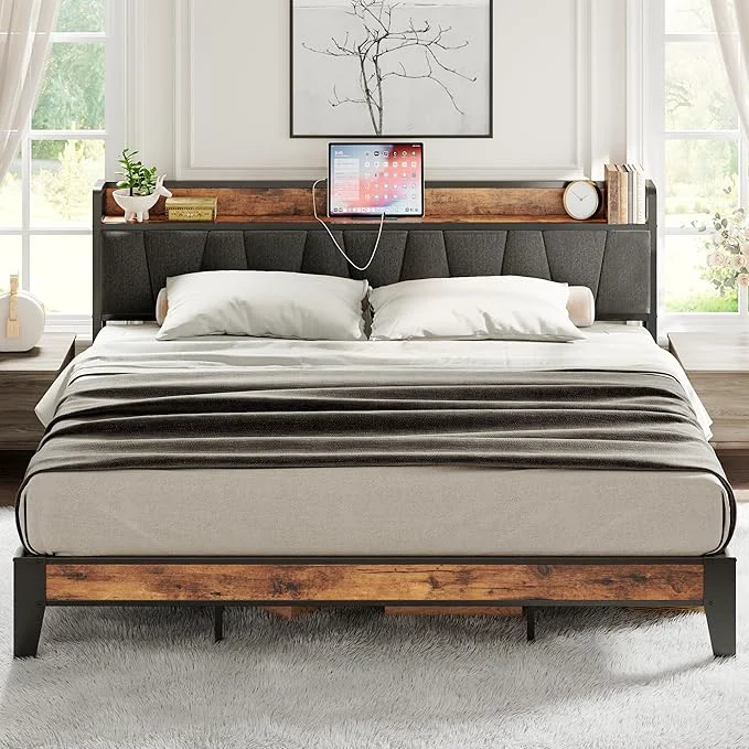 First-Class LIKIMIO King Size Bed Frame Storage Headboard with Charging Station Solid and Stable Noise No Box Spring Needed Easy Assembly Selected