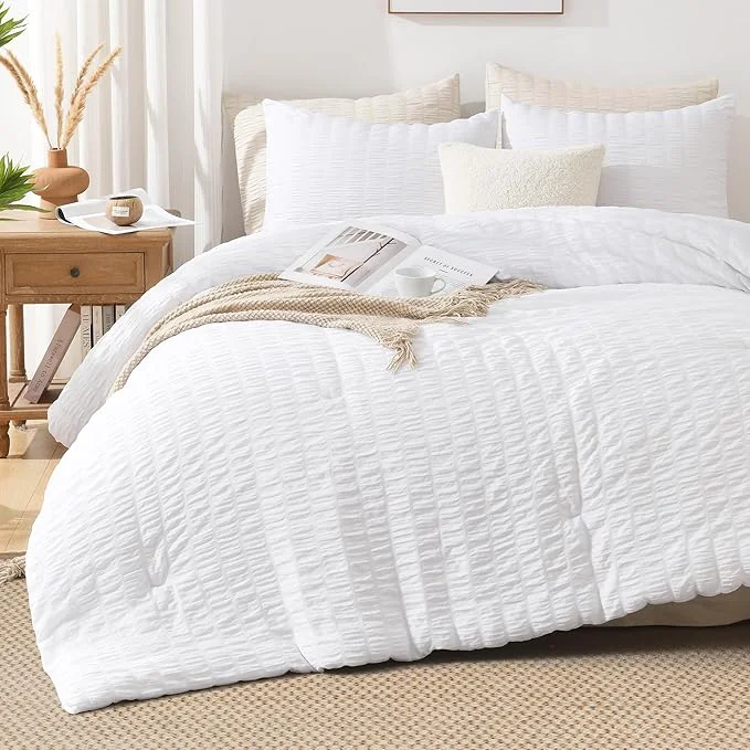 Next-Generation AveLom Seersucker Twin Twin XL Comforter Set 68 x 90 inches 2 Pieces – Soft Microfiber Lightweight Comforter with 1 Pillowcase All Season Down Comforter Set for Bedding White Consistent