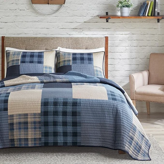 Versatile WOOLRICH Quilt Set Patchwork Channel Quilting Cottage Coverlet for Twin Size Bed All Seasons Lightweight Prewashed Cotton Coverlet Bedspread Shams Winter Hills Oversized Twin Twin XL Blue 2 Piece Quality