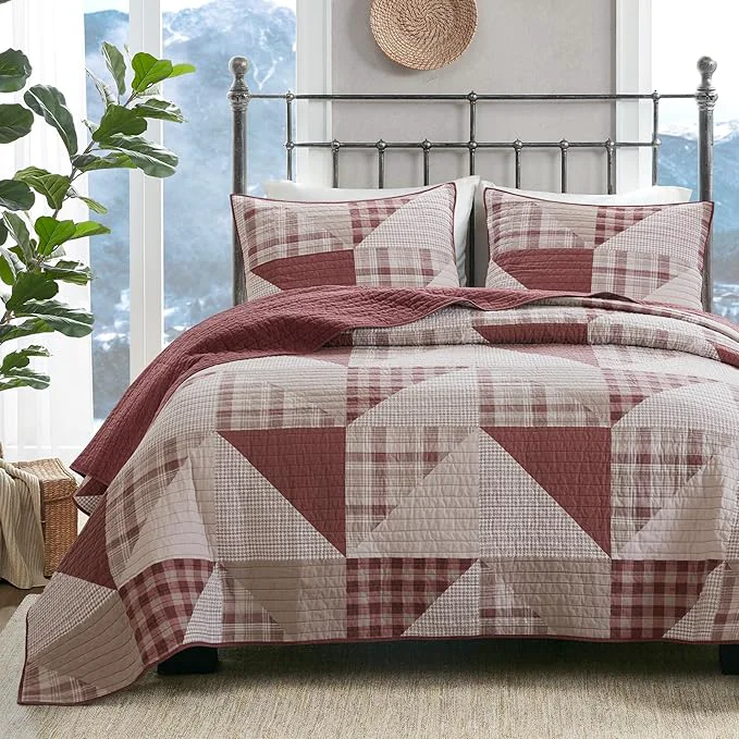 Official Woolrich Reversible Coverlet Set – Cottage Styling Reversed to Solid Color All Season Lightweight Coverlet Cozy Bedding Layer Matching Shams Oversized Full Queen Olsen Red Reversible Lightweight All Season Versatile