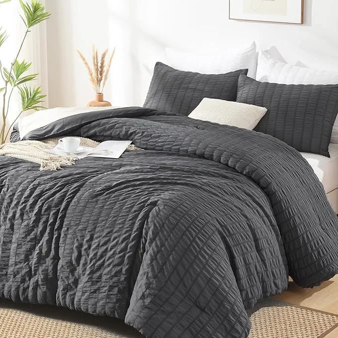 Proven AveLom Seersucker Queen Comforter Set 90×90 inches 3 Pieces- Soft Washed Microfiber Lightweight Comforter with 2 Pillowcases All Season Down Comforter Set for Bedding Grey Official