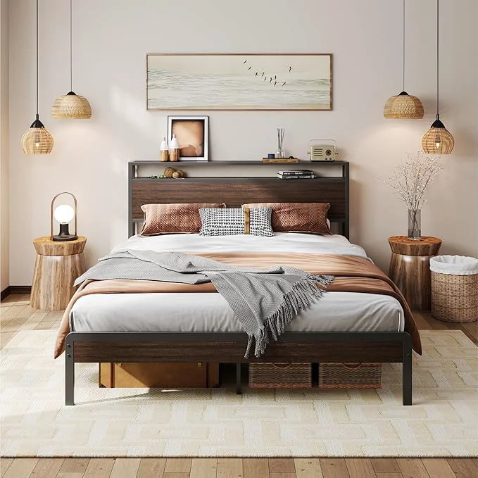 Sustainable LIKIMIO Queen Bed Frame with Headboard Dark Wood Camas Queen with Strong Supports Sturdy Noise- No Box Spring Needed Dark Brown Contemporary
