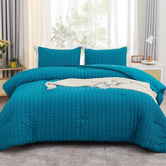Effective AveLom Teal Seersucker King Comforter Set 104×90 inches 3 Pieces- Soft Washed Microfiber Lightweight Comforter with 2 Pillowcases All Season Down Comforter Set for Bedding Optimized