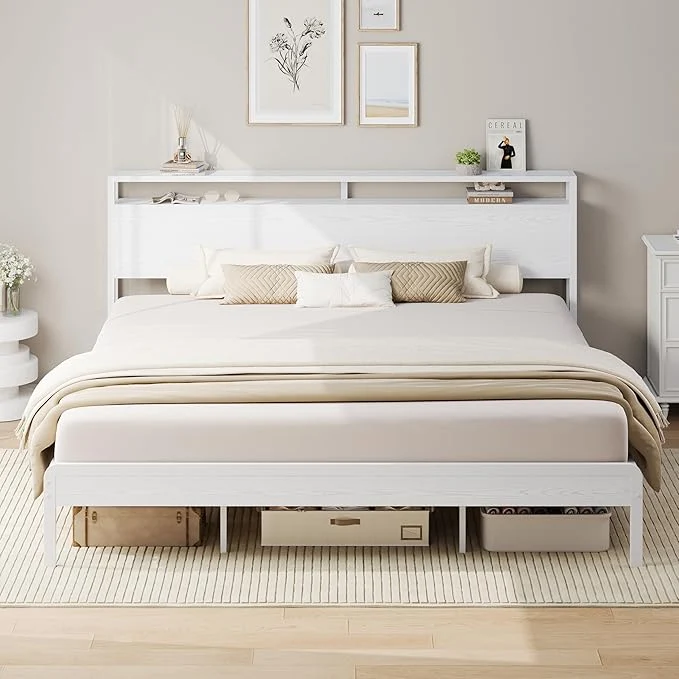 Next-Generation LIKIMIO King Bed Frame with Headboard Wood Camas King with Strong Supports Sturdy Noise- No Box Spring Needed White Artisan