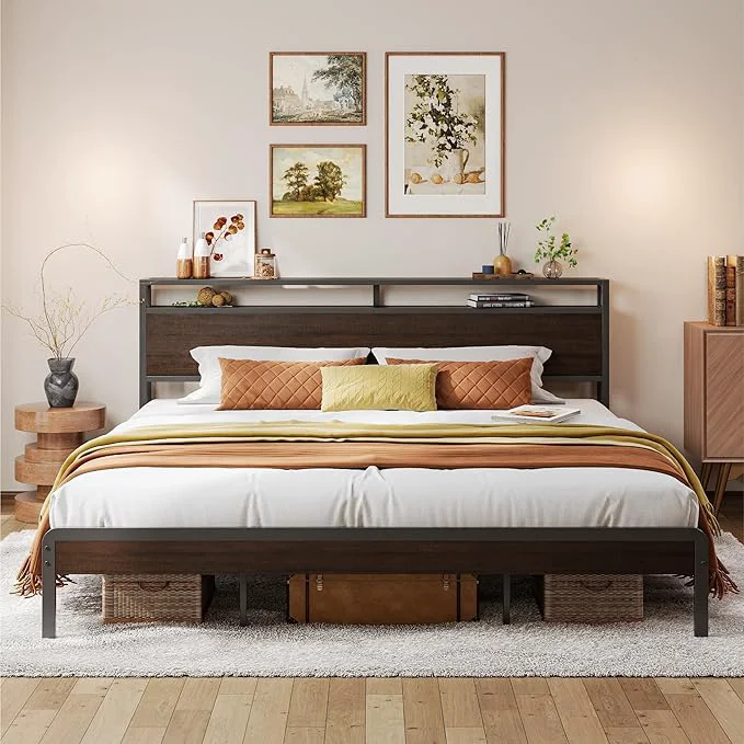 Fashionable LIKIMIO King Bed Frame with Headboard Dark Wood Camas King with Strong Supports Sturdy Noise- No Box Spring Needed Dark Brown High-Performance