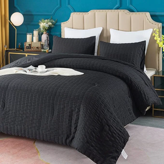 AveLom Seersucker Queen Comforter Set 90×90 inches 3 Pieces – Soft Washed Microfiber Lightweight Comforter with 2 Pillowcases All Season Down Comforter Set for Bedding Black Detailed