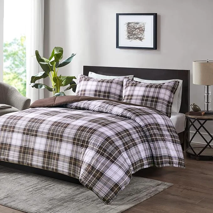 Superior Madison Park Essentials Parkston Plaid Comforter Matching Sham 3M Scotchguard Stain Release Cover Hypoallergenic All Season Bedding-Set Full Queen Brown 3 Piece Genuine