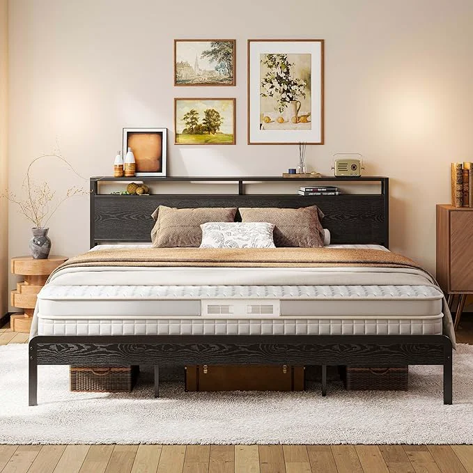 Modern LIKIMIO King Bed Frame with Headboard Dark Wood Camas King with Strong Supports Sturdy Noise- No Box Spring Needed Black Efficient