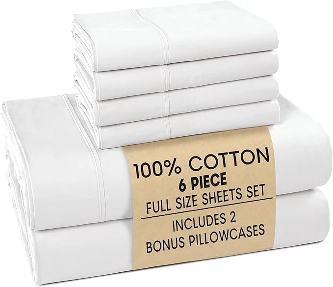 Elite Casa Platino Full Sheets Set – Cotton Full Sheets with 4 Pillowcases Lightweight Feel amp Secure Fit Crisp amp Breathable Percale Weave with 15 quot Deep Pocket Soft and Cozy – Pure White Recyclable