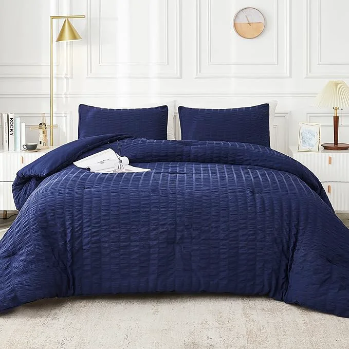 Eco-Friendly AveLom Seersucker Full Comforter Set 80×90 inches 3 Pieces – Soft Washed Microfiber Lightweight Comforter with 2 Pillowcases All Season Down Comforter Set for Bedding Navy Dependable