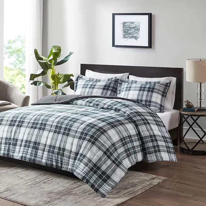 Innovative Madison Park Essentials Parkston Plaid Comforter Matching Sham 3M Scotchguard Stain Release Cover Hypoallergenic All Season Bedding-Set Full Queen Black 3 Piece Pure