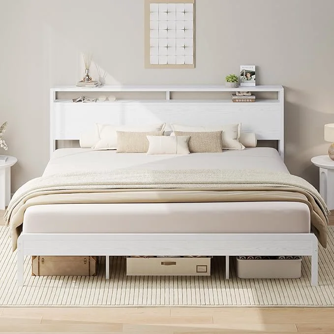 Pure LIKIMIO California King Bed Frame with Headboard Wood Camas California King with Strong Supports Sturdy Noise- No Box Spring Needed White Responsible