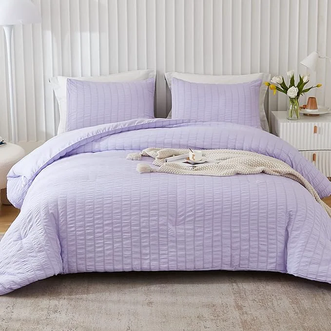 Organic AveLom Lavender Purple Seersucker Queen Comforter Set 90×90 inches 3 Pieces- Soft Washed Microfiber Lightweight Comforter with 2 Pillowcases All Season Down Comforter Set for Bedding Dependable