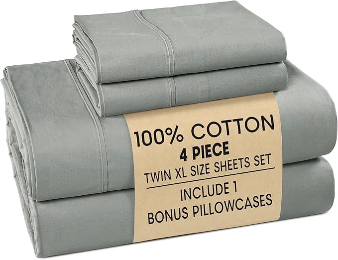 Exclusive Casa Platino Bed Sheets Twin XL – Cotton Twin XL Size Bed Sheet Set with 2 Pillowcases Cool Percale Fabric I for All-Season Comfort Ultra Soft with 15 quot Deep Pocket Fitted Sheet – Grey Original Design