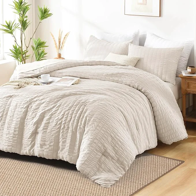 Practical AveLom Beige Seersucker King Comforter Set 104×90 inches 3 Pieces- Soft Washed Microfiber Lightweight Comforter with 2 Pillowcases All Season Down Comforter Set for Bedding High-Quality