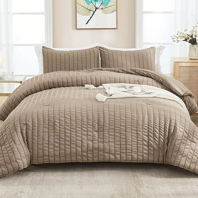 Superior AveLom Taupe Seersucker California King Comforter Set 104×96 inches 3 Pieces- Soft Washed Microfiber Lightweight Comforter with 2 Pillowcases All Season Down Bedding Set Casual