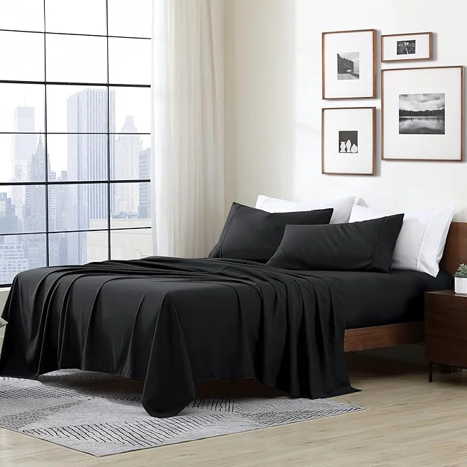 Green Cathay Home Essentials Ultra Soft Hypoallergenic Wrinkle Resistant Double Brushed Microfiber Bedding Sheet Set Black King Safe