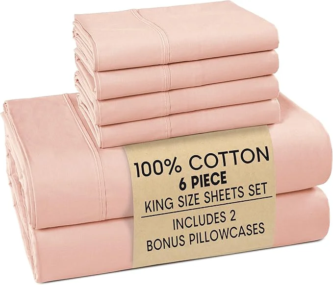 Soft Casa Platino Cotton King Size Sheets Set – 6 Piece Crisp Percale King Size Cooling Sheets Lightweight for Summer with 15 quot Deep Pocket Fitted Sheet Nightly Comfort amp Airy Sleep – Veiled Rose Versatile