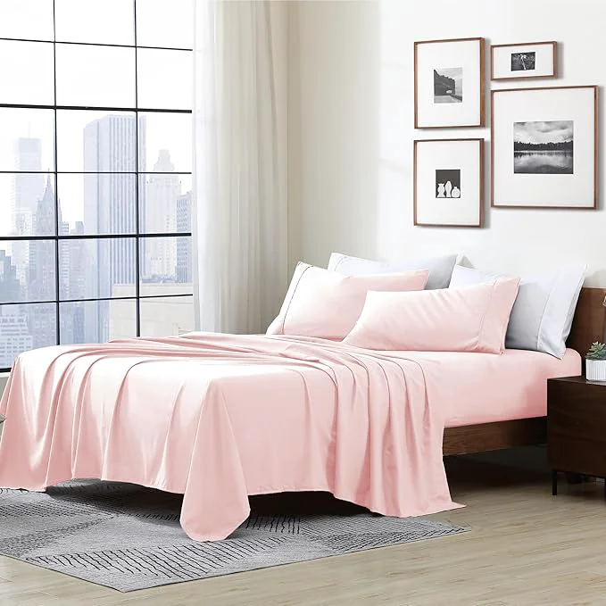 Pure Cathay Home Essentials Ultra Soft Hypoallergenic Wrinkle Resistant Double Brushed Microfiber Bedding Sheet Set Blush 4 pcs Queen Elite