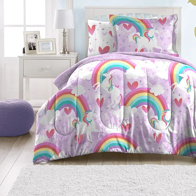 Advanced dream FACTORY Kids 7-Piece Complete Set Easy-Wash Super Soft Microfiber Comforter Bedding Full Purple Unicorn Rainbow Refined