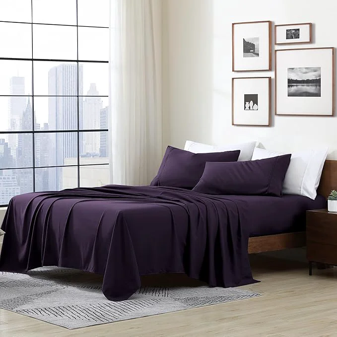 Cathay Home Essentials Ultra Soft Hypoallergenic Wrinkle Resistant Double Brushed Microfiber Bedding Sheet Set Eggplant Twin XL Pure