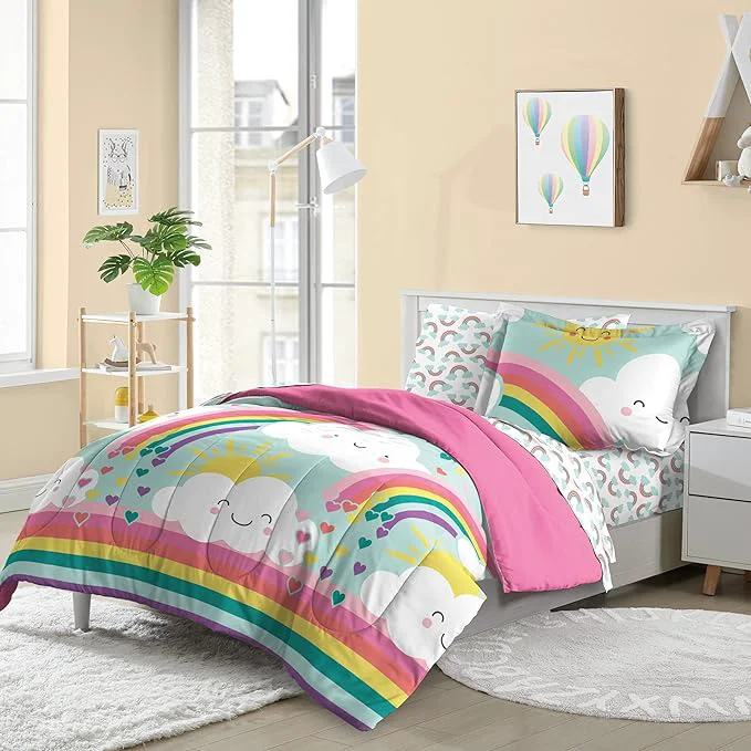 Durable Dream Factory Kids 7-Piece Complete Bed Set Easy-Wash Super Soft Microfiber Comforter Bedding Full Teal Rainbow Flare 2D872502TE Detailed