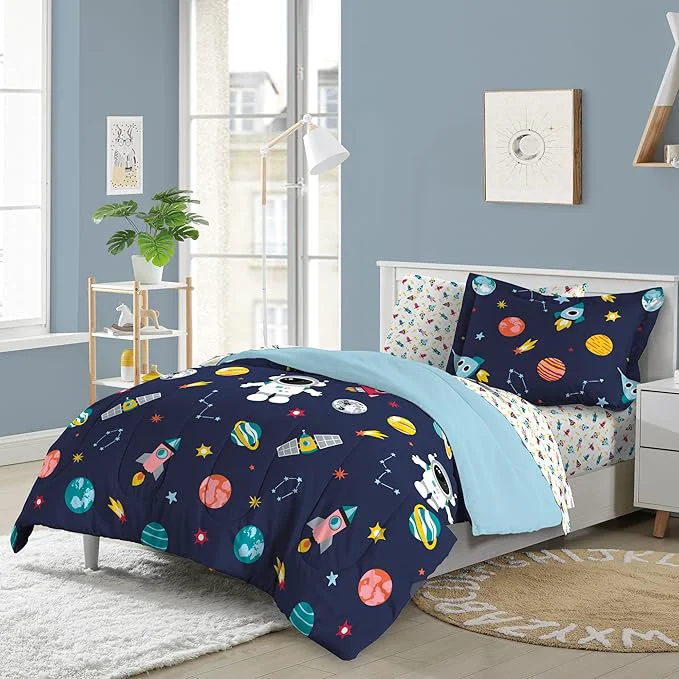 Natural Dream Factory Kids 7-Piece Complete Bed Set Easy-Wash Super Soft Microfiber Comforter Bedding Full Blue Space Galaxy Outstanding