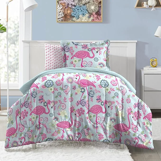 dream FACTORY Kids 7-Piece Complete Set Easy-Wash Super Soft Microfiber Comforter Bedding Full Pink Flamingo Certified